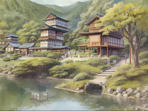 Delicate watercolor illustration of cozy small town in Japan Warring States period, cozy beautiful composition, summer afternoon color scheme, sharp details, intricate details