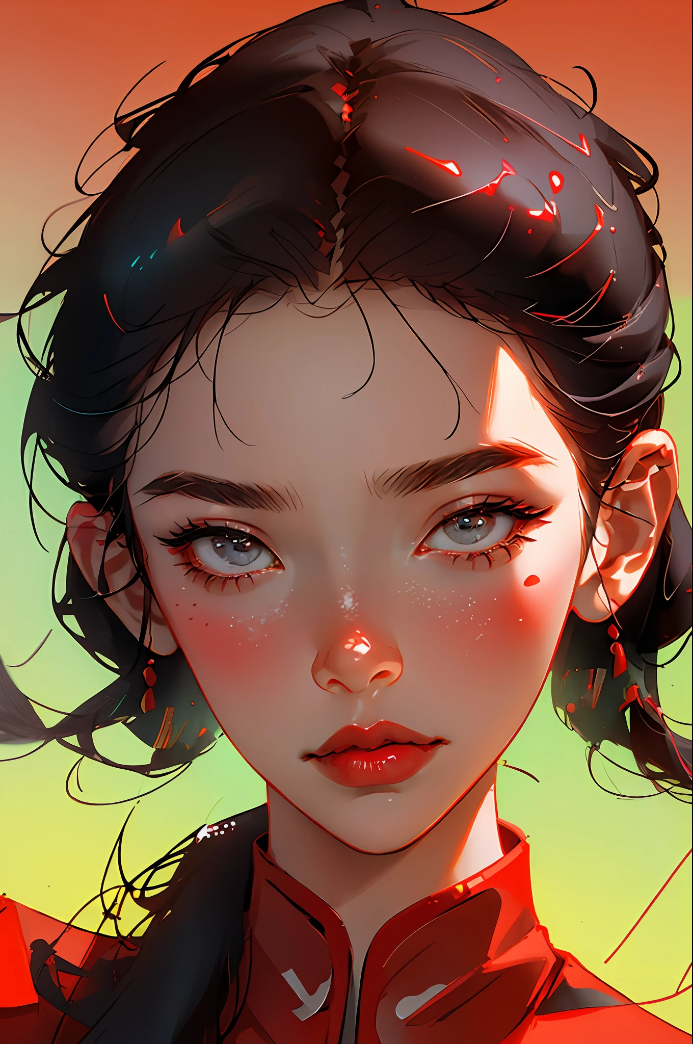 (Face close-up:1.3),Head portrait close-up, Mulan, trendy, modern, red background, black and white fluorescent colors, flat style, minimalism, flat illustration, Tsuruta Ichiro style,