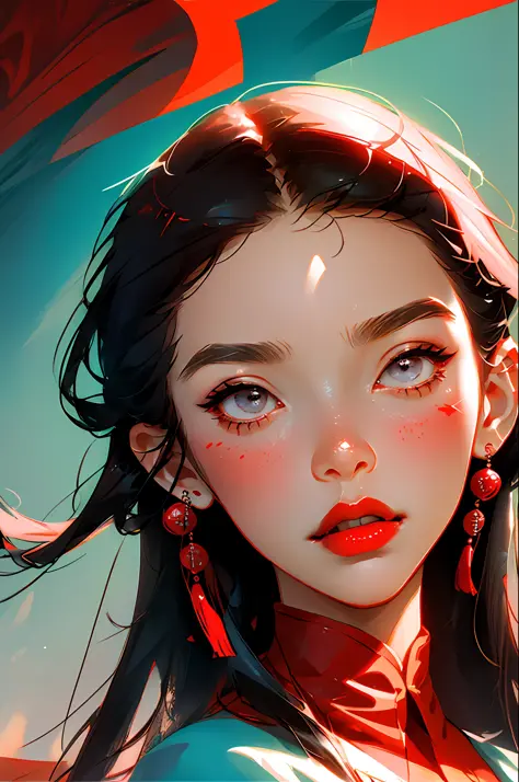 (Face close-up: 1.3), avatar close-up, cheongsam woman, trendy, modern, red, black and white fluorescent, flat style, minimalism, graphic illustration, Tsuruta Ichiro style,