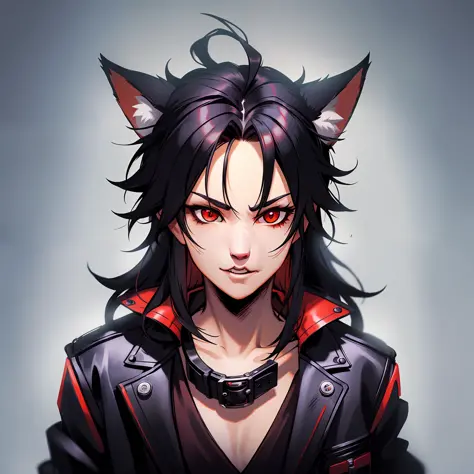 (anthropomorphic fox cute puppy) with black jacket, red eyes, hairy body, bad boy, young, portrait, bust, posture facing the cam...