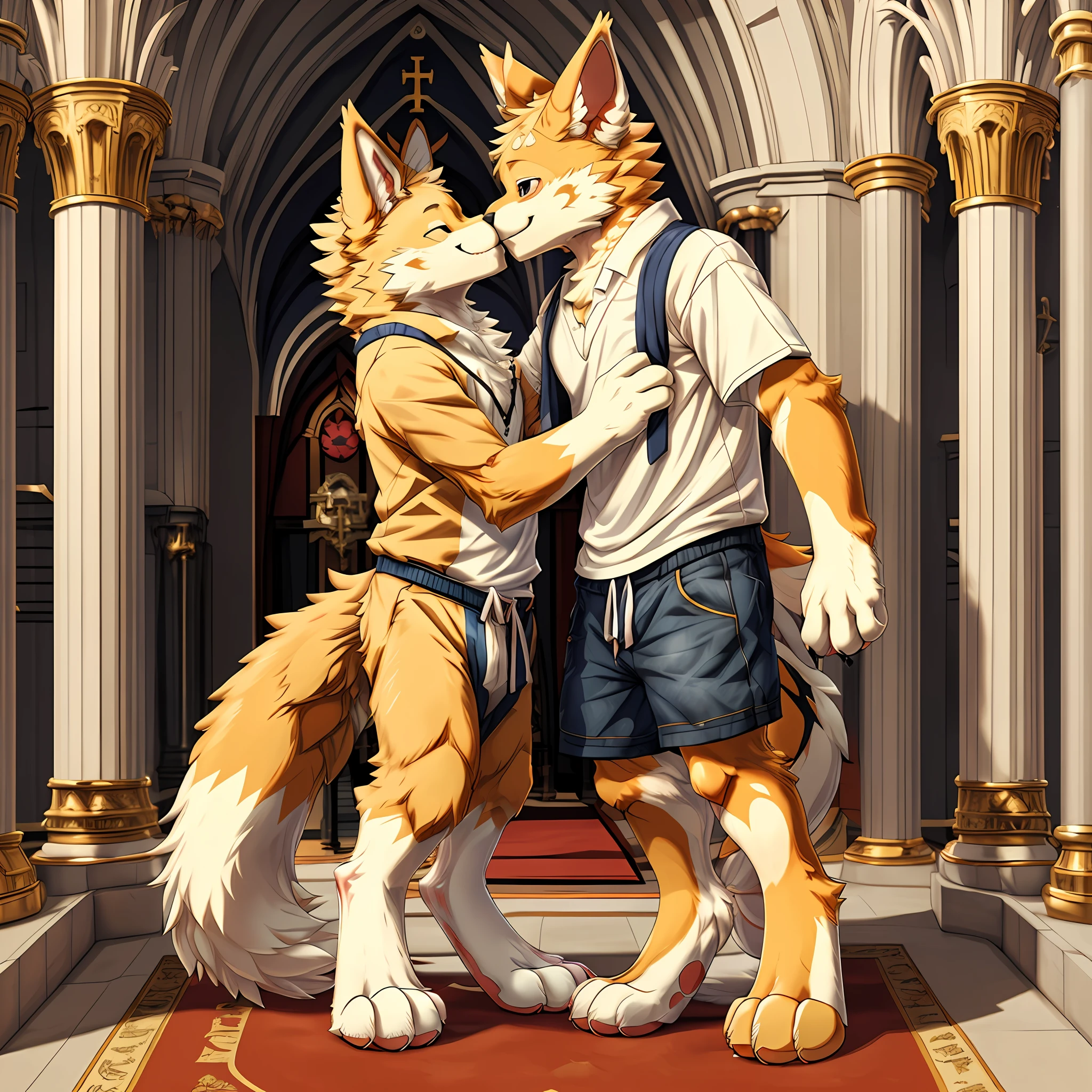 top quality, best quality, masterpiace, super high resolution, detailed background, church(highly detailed beautiful face and eyes)absurdres, perfect anatomy(handsome 2boy, kemono, suits)(furry)(furry anthro:1.7)(Furry body, dog facial features, dog body features)(very detailed body fur)full body, standing, bird kiss, smack, smile, portrait,