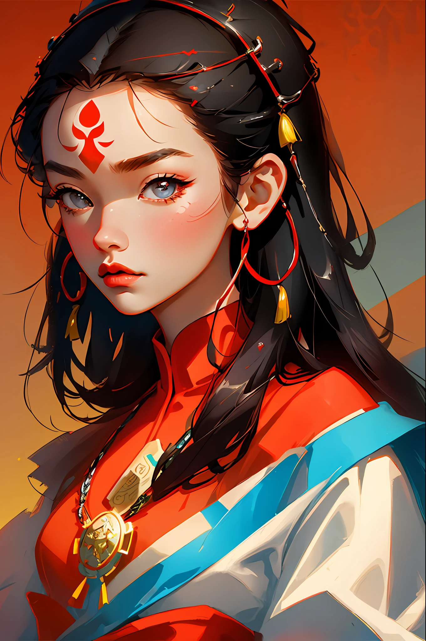 (Face close-up: 1.3), avatar close-up, Yunnan Naxi costume woman, Yunnan Naxi clothing, Yunnan clothing, trend, modern, red background, black and white fluorescent color, flat style, minimalism, flat illustration, Tsuruta Ichiro style,