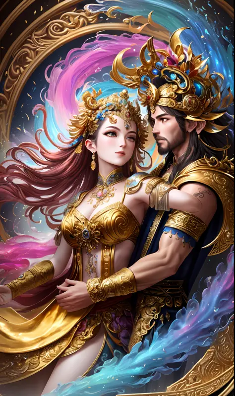 Two lovers, one is the monkey Monkey King and the other is Zixia Fairy, as a neural network embrace, beauty, intricate details, ...