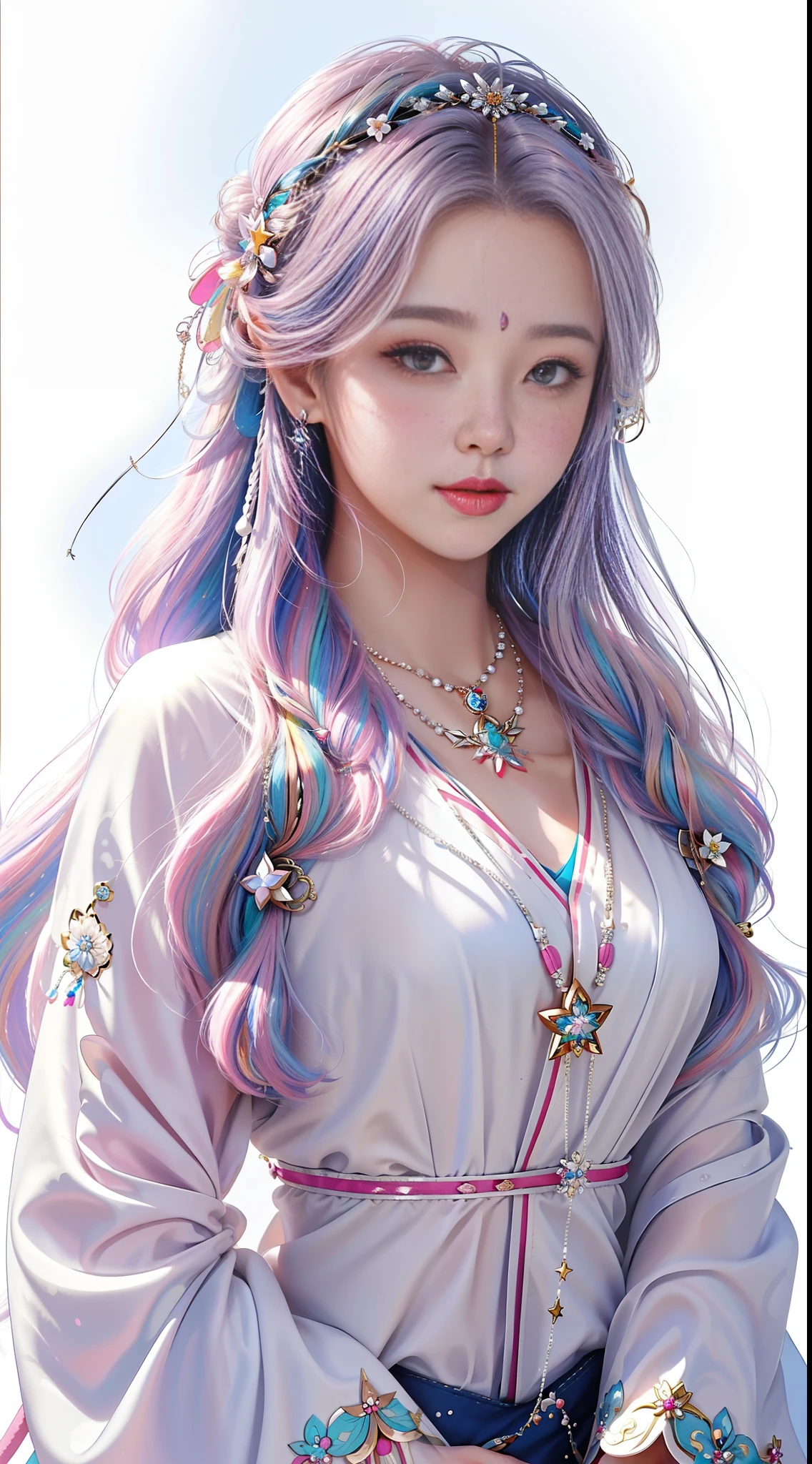 2, superlative, masterpiece, high resolution, 1girl, blush, (white background: 2), star pupil, Tibetan style, (colorful hair: 2), hair accessories, necklace, jewelry, beauty, realistic, light edge, (high detail skin: 1.2), 8k uhd