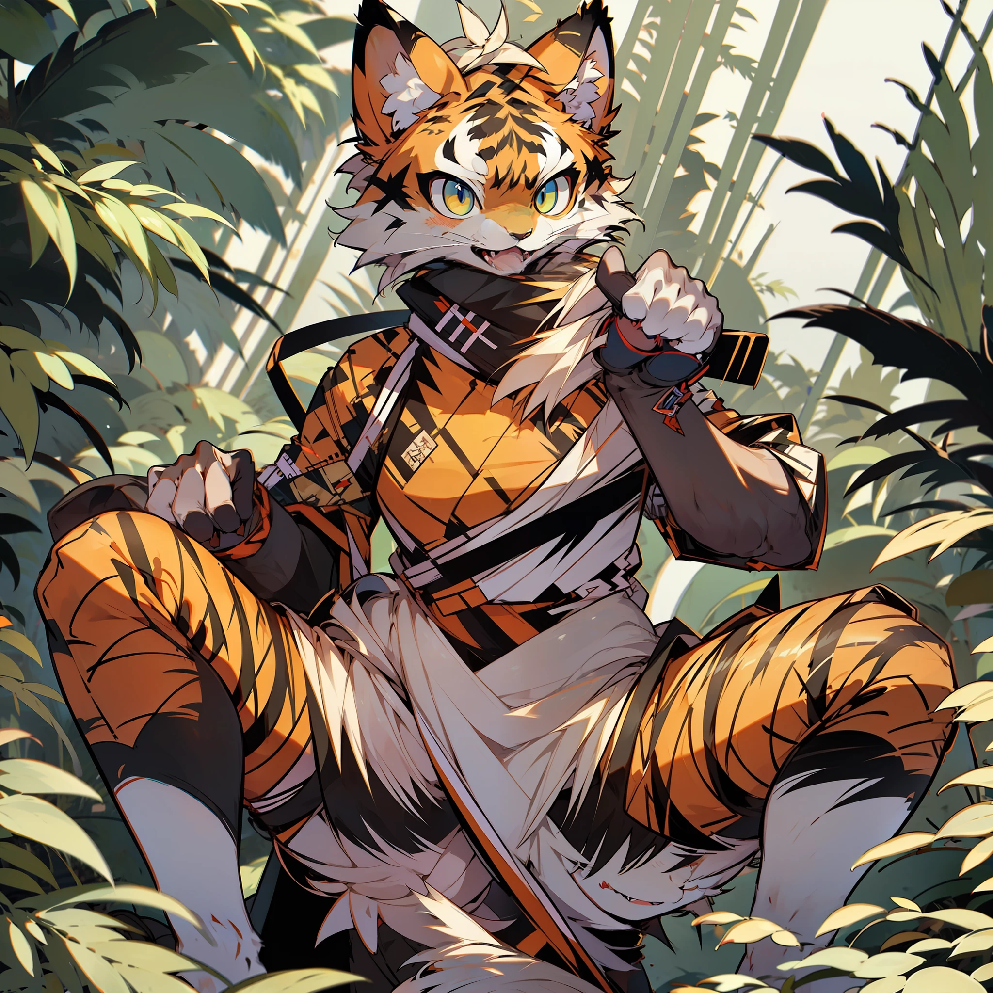 master-piece,hyper quality, hyper detailed,perfect drawing,1 beautiful girl, tiger print bikini, tiger ears, tiger tail, tiger palm, tiger paws, tiger fingers, sharp claws, sharp fangs, hunter's eyes aiming at prey, black and blonde mesh, sharp eyes, height 177cm, three sizes B95W60H90, kneeling, pow pause