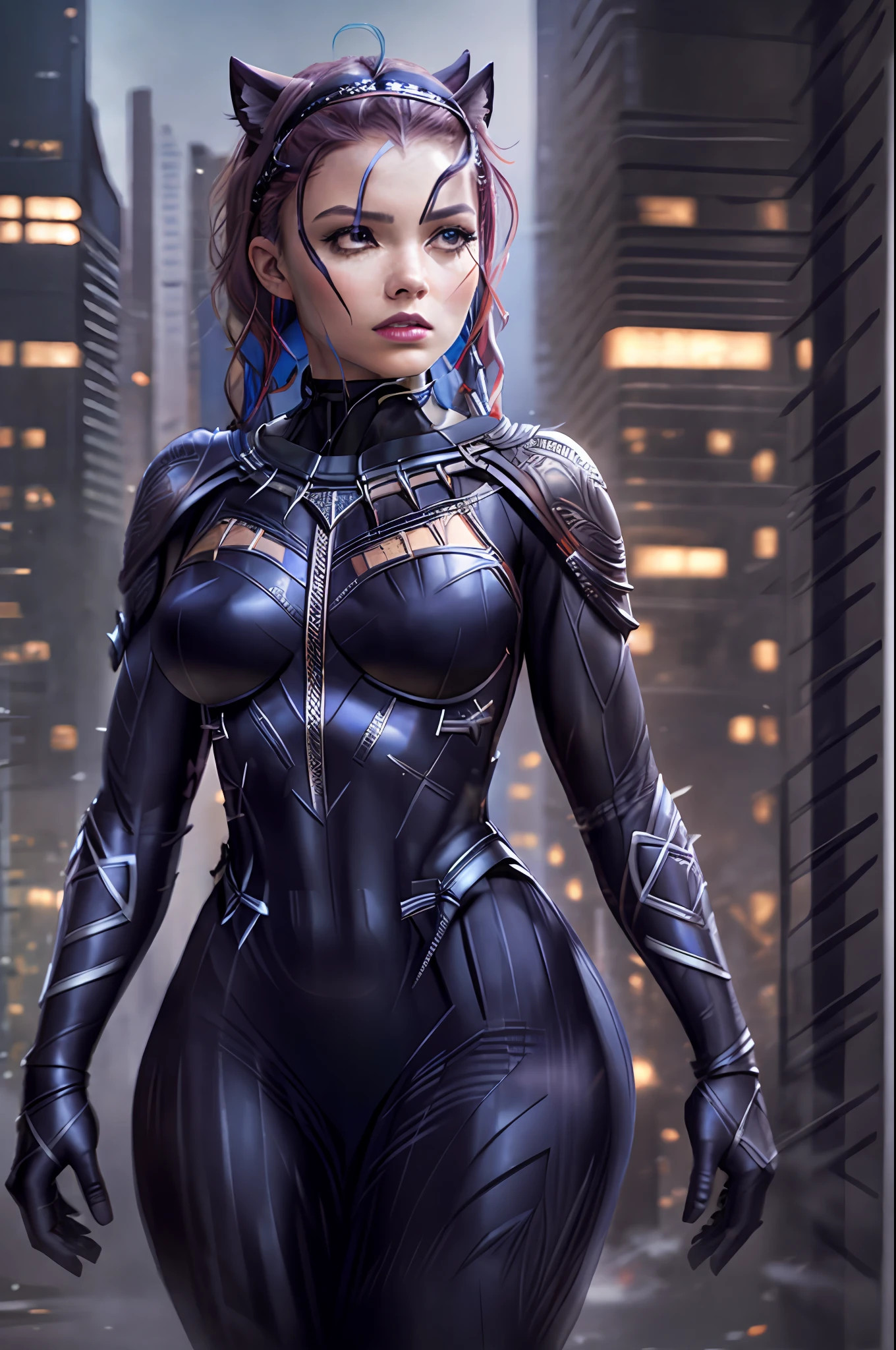 Full body portrait, black panther cosplay,Marvel Black Panther, sprawling metropolis in a futuristic dystopia, masterpiece, best quality, CG, wallpaper, HDR, high quality, high-definition, extremely detailed, 1girl,