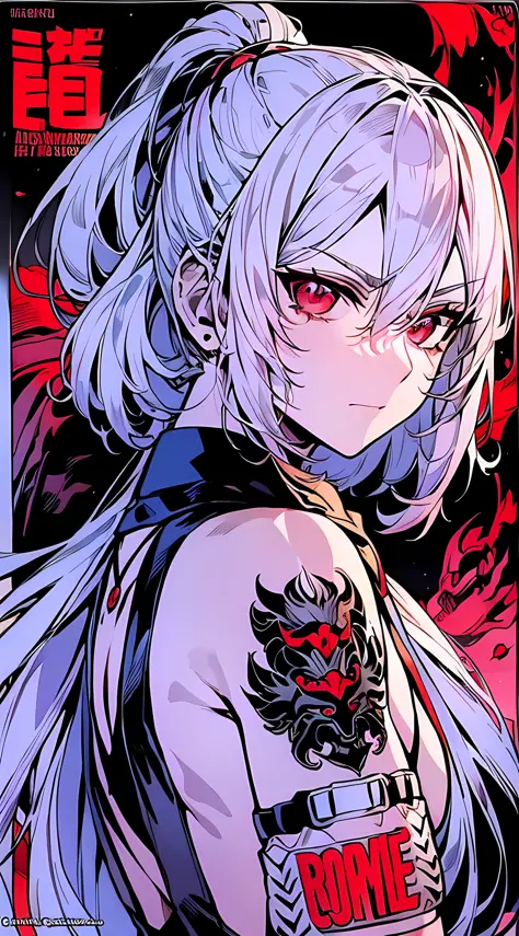 Anime magazine featuring tattoos, Girl, Silver white hair, Midi hair, Droog curly hair, Three-dimensional and delicate facial features with reflections in the eyes, Wearing a suspender suit, Dragon tattoo on arm, Head down, Crimson bright eyes, Fierce and ...