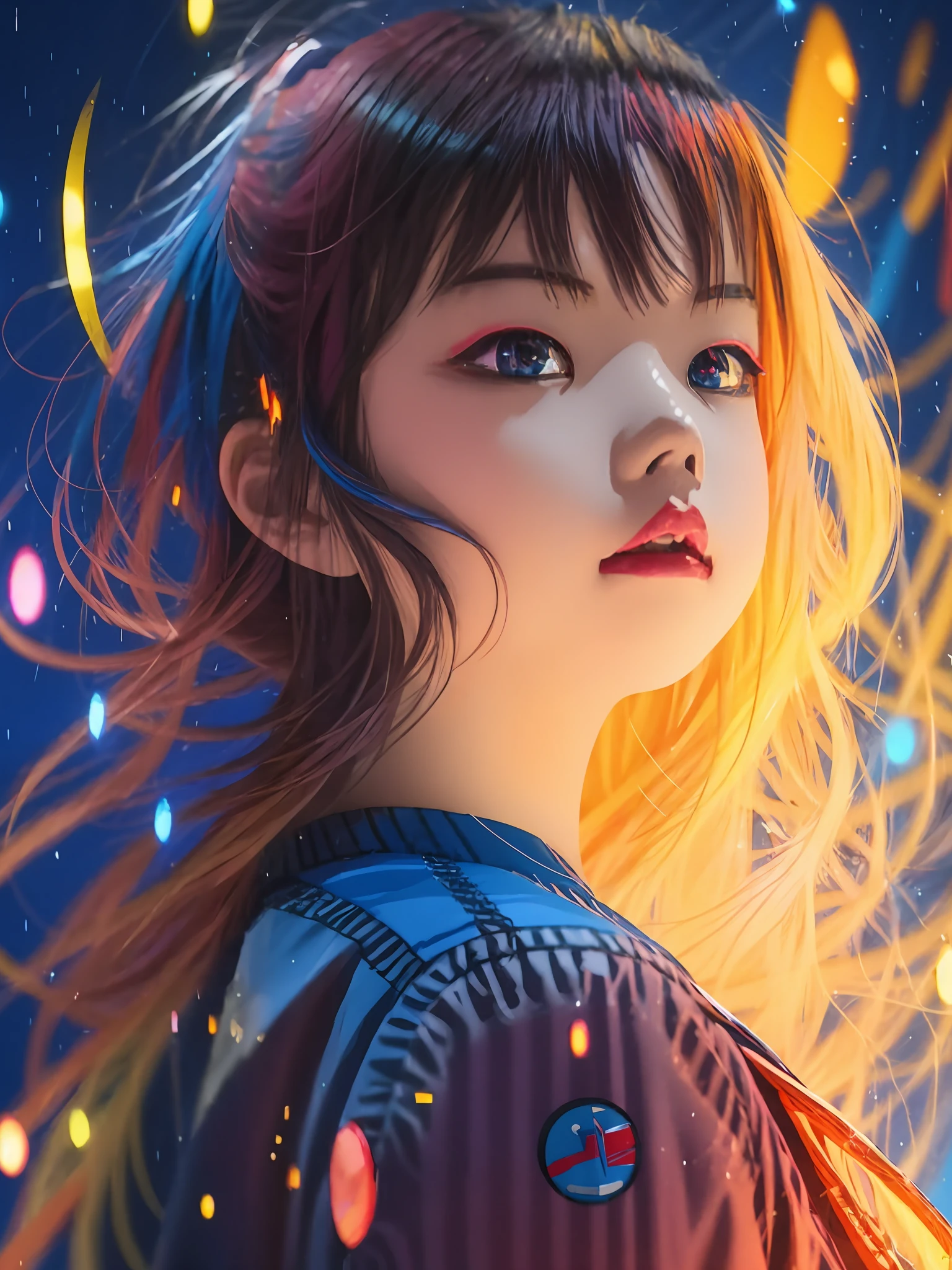 a girl with a bright hair and a blue jacket looks at the camera, inspired by Yuumei, digital anime art, colorful digital painting, rossdraws cartoon vibrant, anime style 4 k, alice x. zhang, by Yuumei, digital anime illustration, beautiful anime portrait, vibrant digital painting, detailed digital anime art, anime digital art