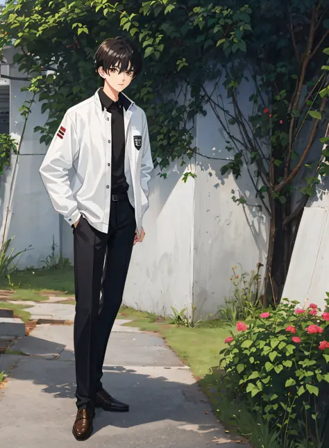 17-year-old man with black hair, brown eyes, modern school uniform, standing on the grass, all over