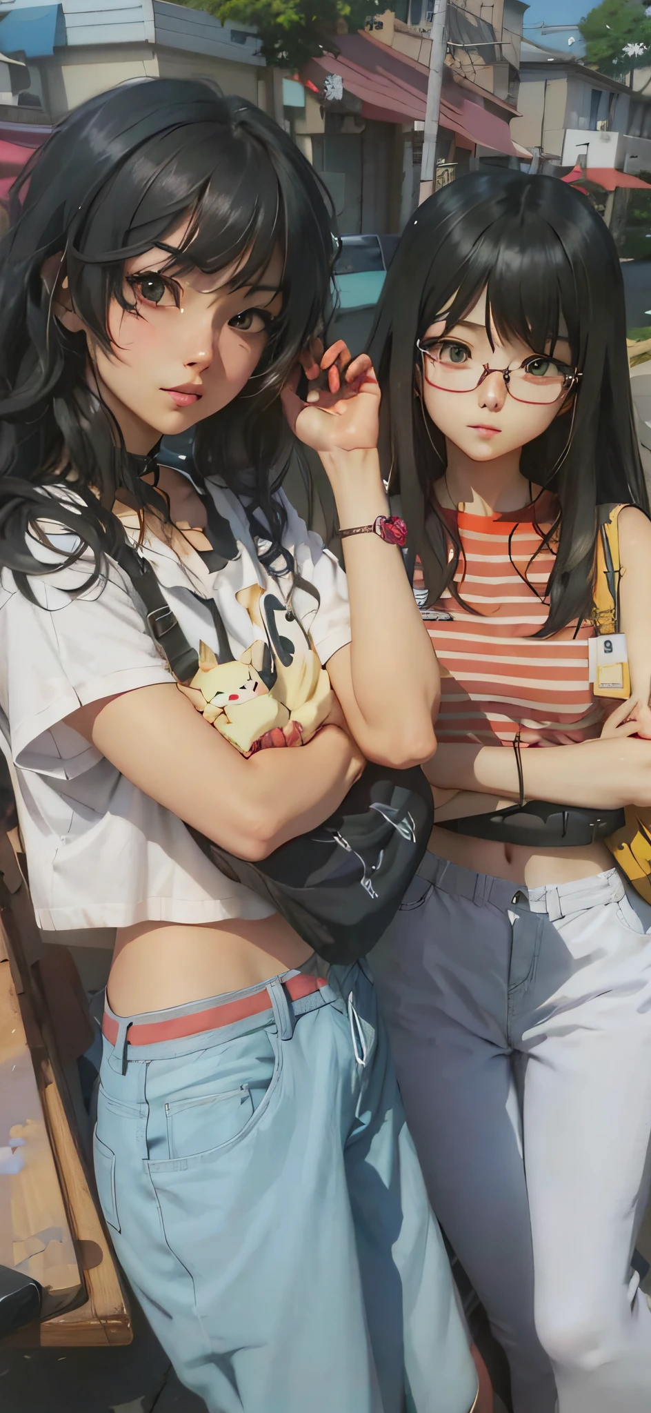 anime characters sitting on a bench with their arms crossed, two beautiful anime girls, anime girls, beautiful painting of friends, two girls, artwork in the style of guweiz, semirealistic anime style, style anime, realistic anime 3 d style, 9 0 s anime style, 90s anime style, ilya kuvshinov with long hair