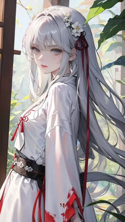 Masterpiece, Excellent, Night, Outdoor, Rainy Day, Branches, Chinese Style, Ancient China, 1 Woman, Mature Woman, Silver-White Long-Haired Woman, Gray-Blue Eyes, Pale Pink Lips, Indifference, Seriousness, Bangs, Assassin, Sword, White Clothes, Blood, Viole...