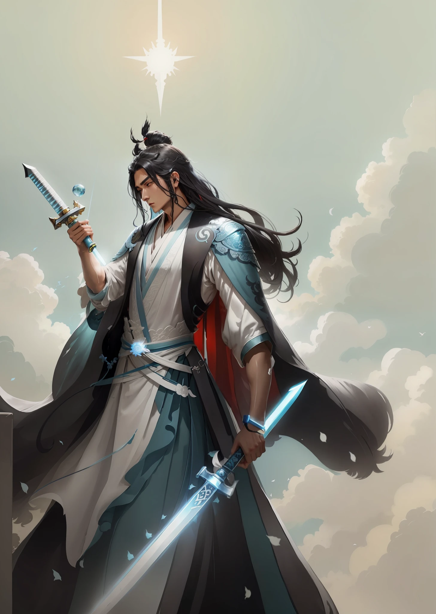 Image of a young beautiful man wearing a light blue robe, holding a sword, flowing hair and a robe, with firm eyes, Yang J, black hair, white background, inspired by Guan Daosheng, inspired by Cao Zhibai, inspired by Zhao Yuan, inspired by Zhu Derun, swordsman, inspired by Wu Daozi, inspired by Bian Shoumin, inspired by Huang Shen