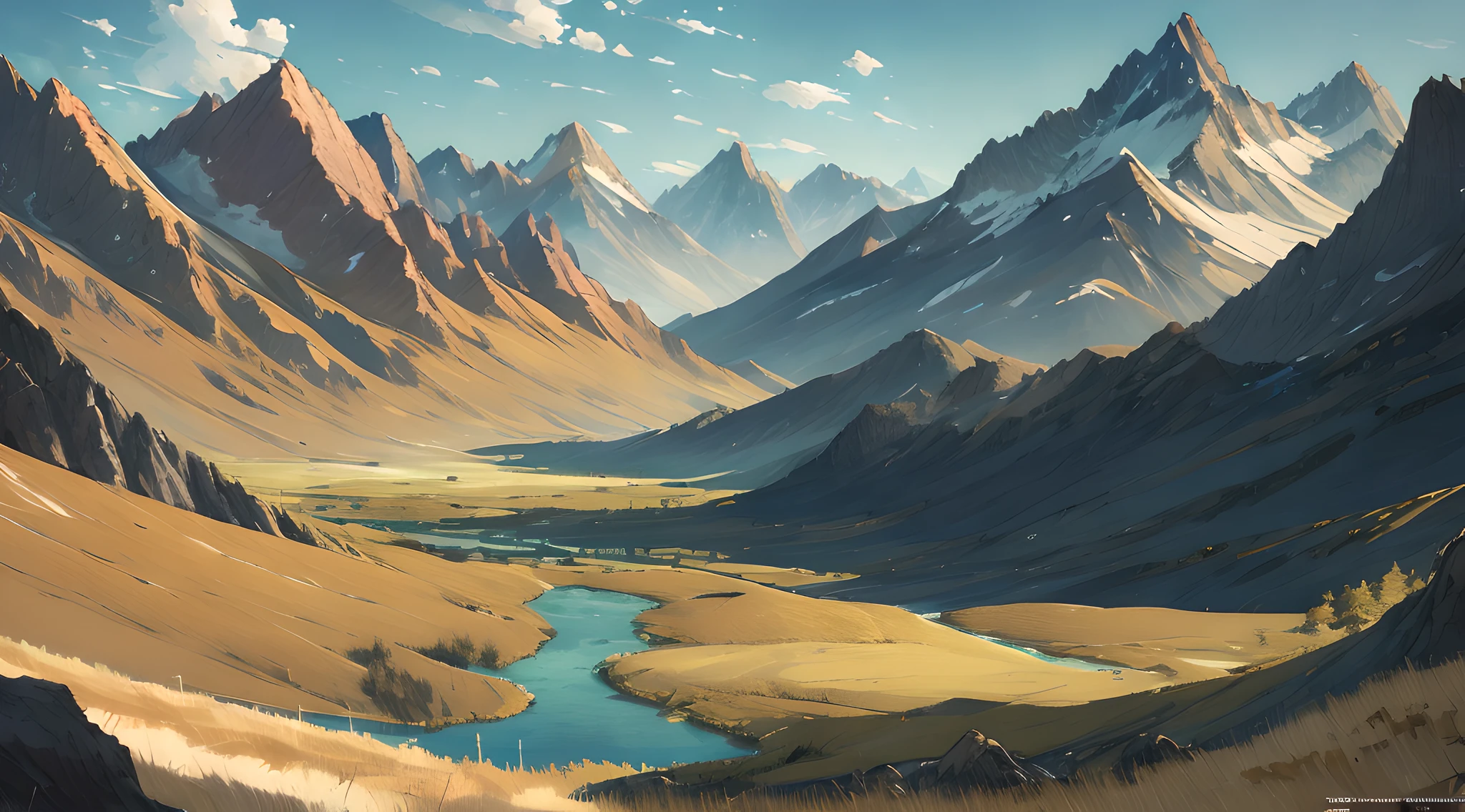 (meilleure qualité),(chef-d&#39;œuvre),(ultra détaillé),(high détaillé),(extremely détaillé),paysage anime paysage paysage dans les montagnes, par Moebius et Charlie Bowater, tendance sur artstation, société cg, fantaisie, détaillé, 8k, octane