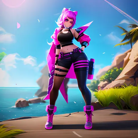 Create a new female skin of fortnite that does not exist, full body with the same style as in the video game