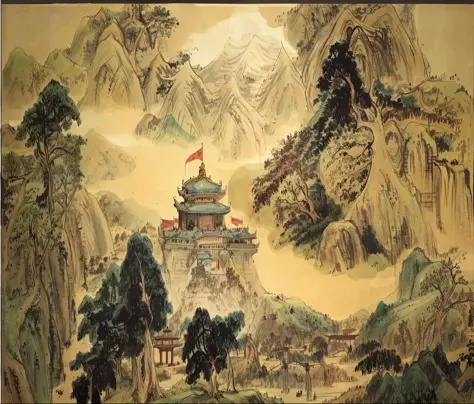 painting of a mountain scene with a temple and a mountain, ancient china art style, qing dynasty, song dynasty, inspired by Yang Buzhi, chinese landscape, traditional chinese art, chinese style painting, ming dynasty, chinese art, tang dynasty palace, by L...