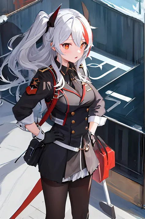 1girl, medium breasts, standing, hand on hip, black_gloves, runner, 
prinz eugen, school uniform, sea, white hair, pantyhose, wh...