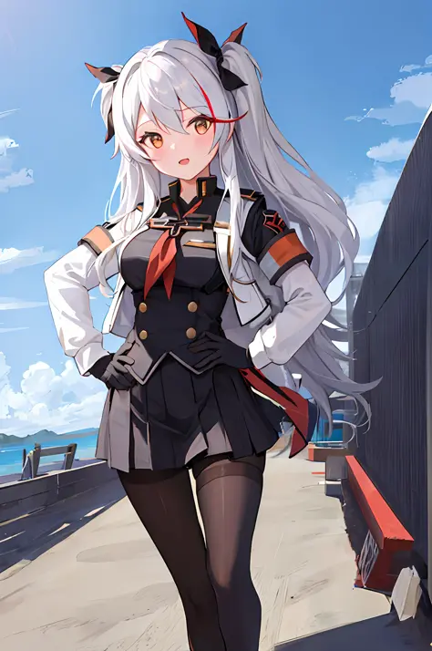 1girl, medium breasts, standing, hand on hip, black_gloves, runner, 
prinz eugen, school uniform, sea, white hair, pantyhose, wh...