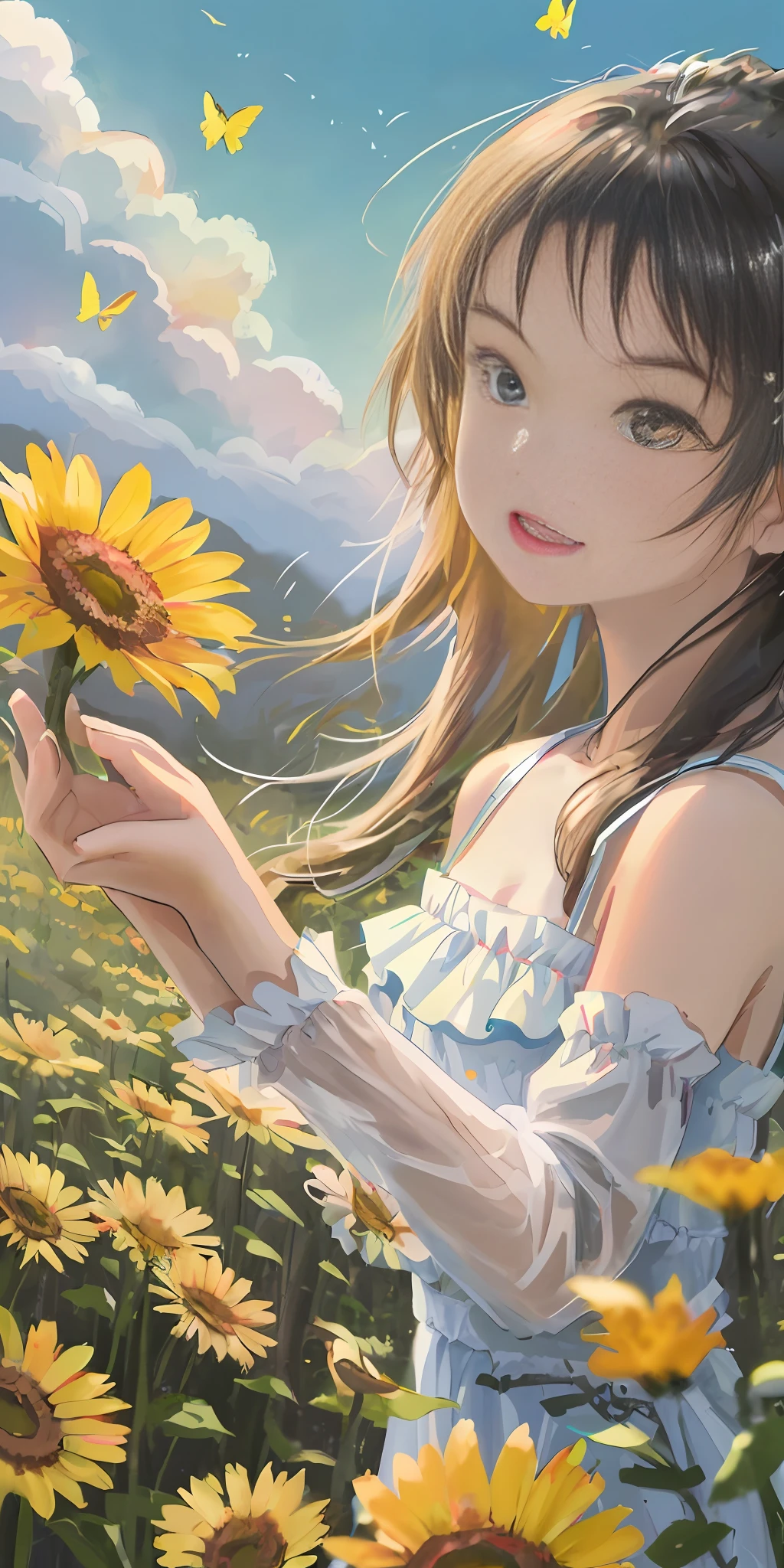 High Detail, Ultra Detail, Ultra High Resolution A cute and innocent girl is enjoying her time in an open field, surrounded by the beauty of nature, with the warm sun shining on her and wild flowers swaying gently in the breeze. Butterflies and birds flutter around her, adding to the playful atmosphere, --v6