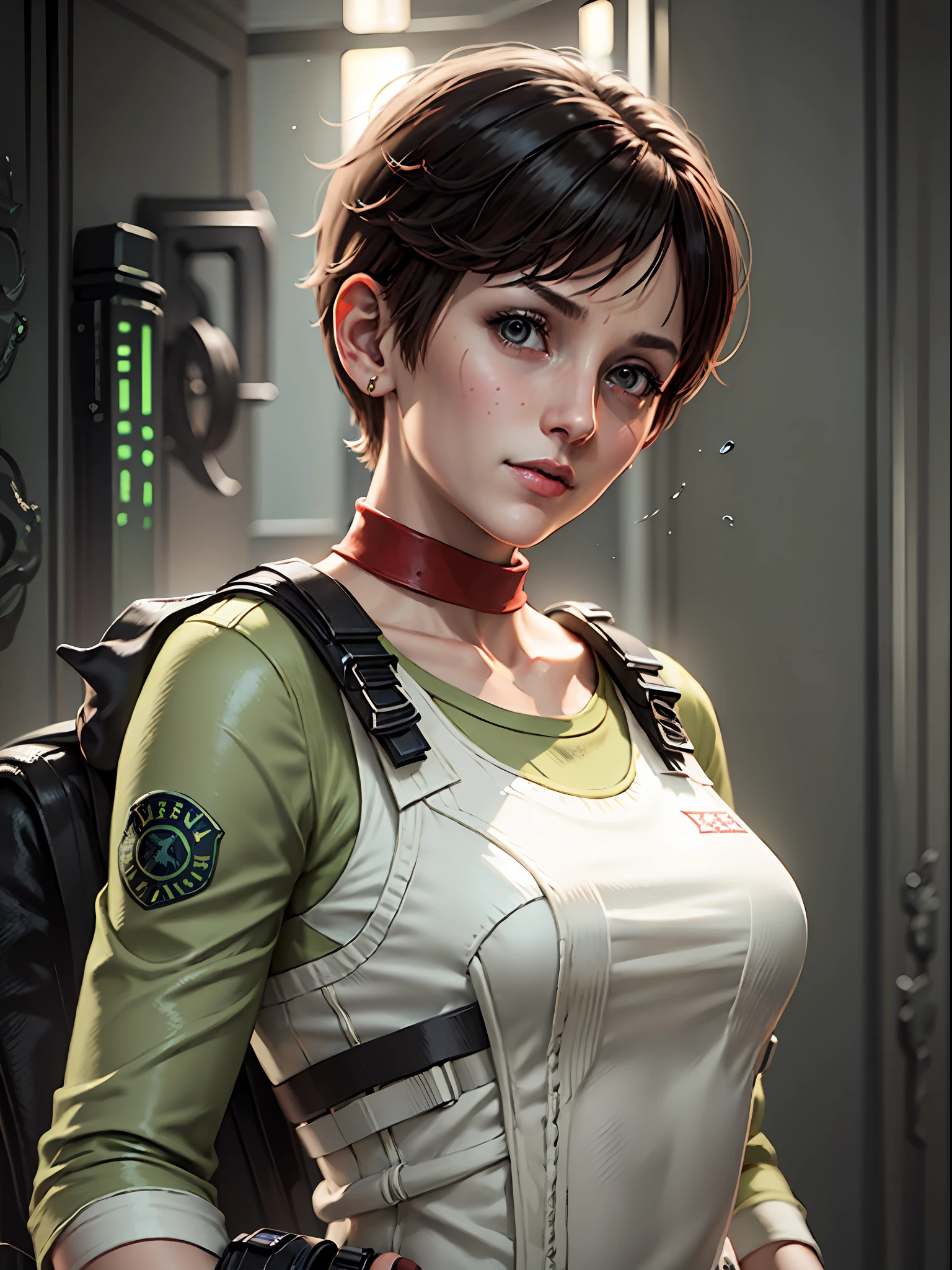 1girl, solo, Rebecca Chambers, re1costume, masterpiece, best quality, high resolution:1.2, ultra-detailed, detailed face, illustration, S.T.A.R. uniform, looking at viewer, Indoors, black gloves, night, med kit, volumetric lighting, upper body shot