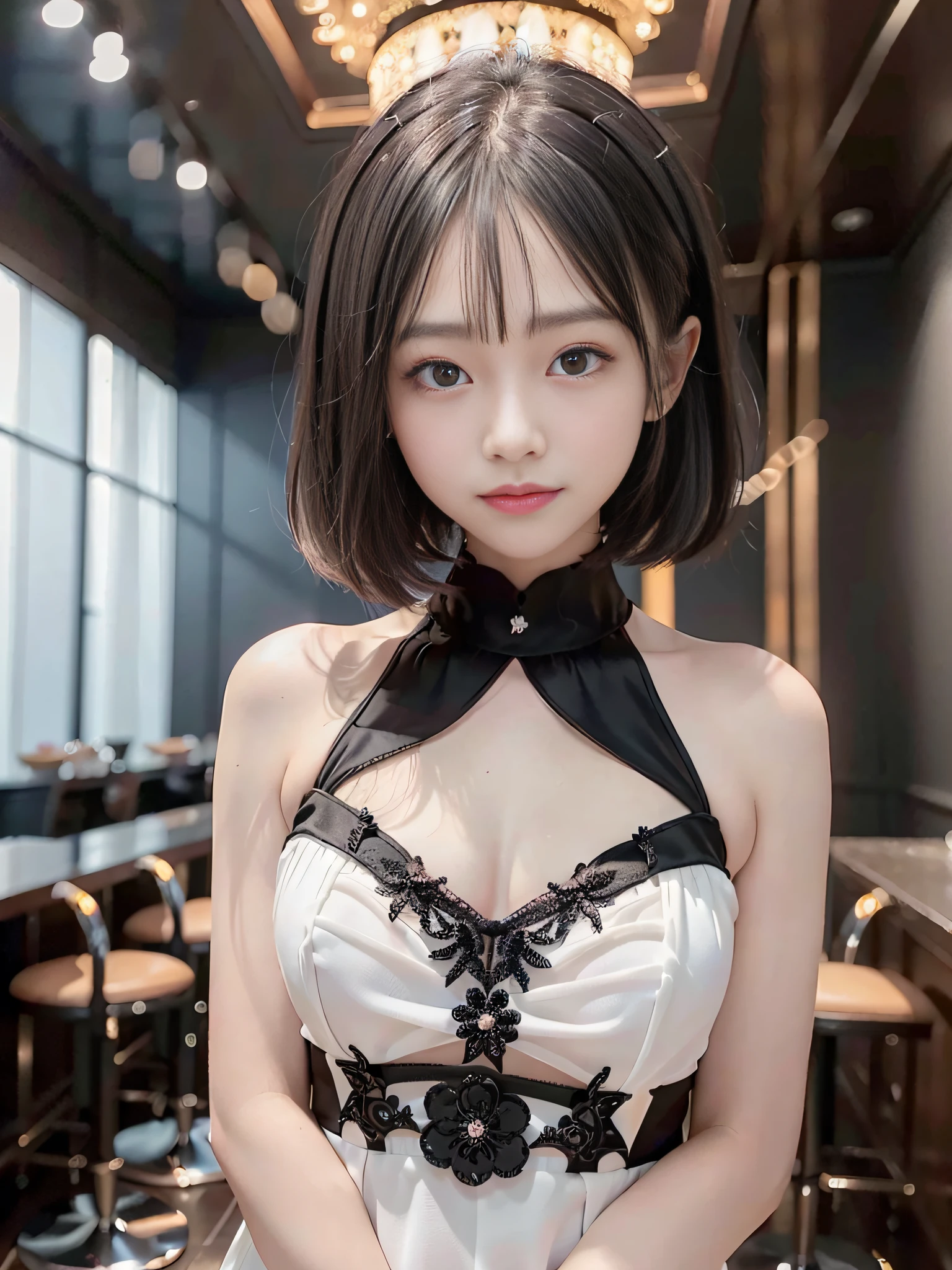 (RAW Photo: 1.4), luxury bar interior, black floor, black walls, black ceiling, spot lighting, Ultra HDTV, HDR, 8k, Anatomy Human, (14yo japanese: 1.3), 1girl, 6headed body, (Photorealistic: 1.2), smallest head, bob cut, very droopy eyes, infant very round face, high-detailed face, largest black eyes, (Masterpiece: 1.4), childish body line, erect, stand upright, (Best Definition: 1.3), smile, hide hands, symmetrical dress, (white sheer dress: 2)