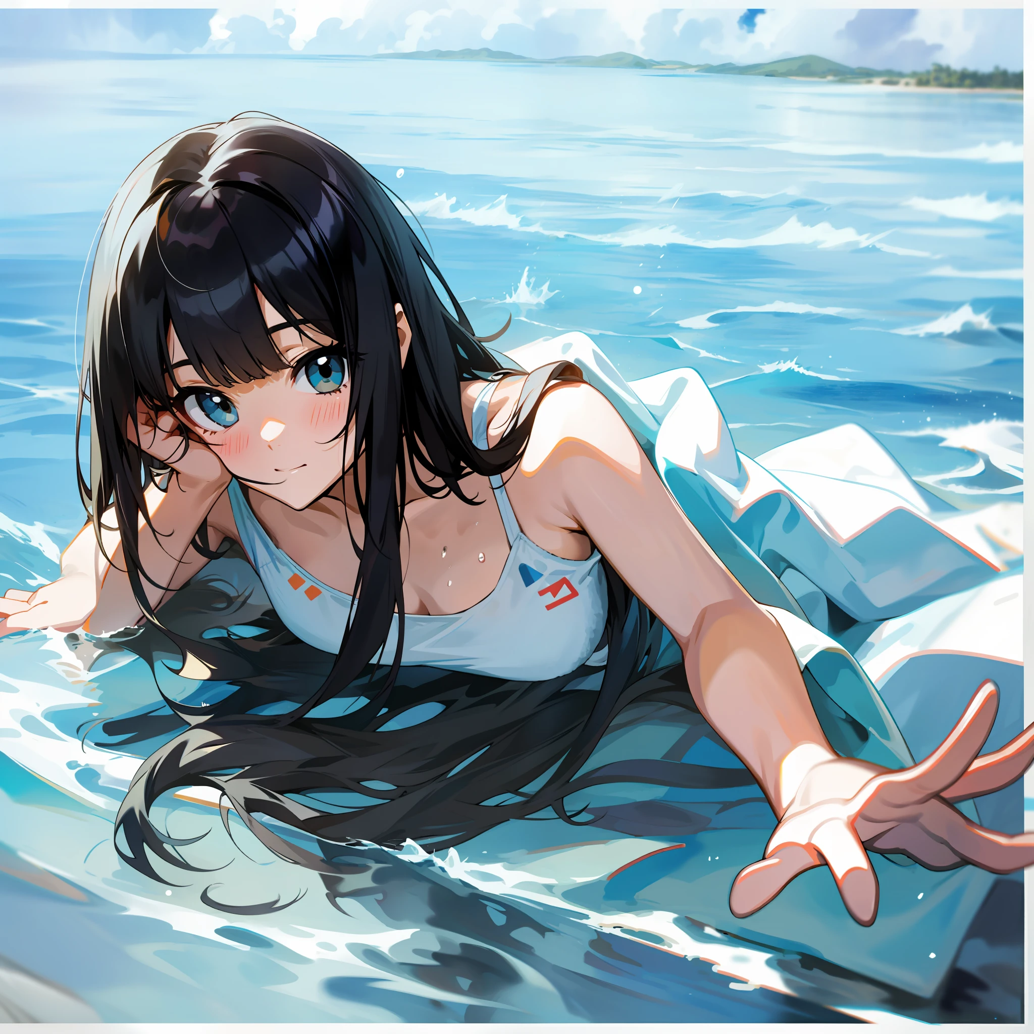 海のサーフボードに横たわるビキニのアニメの女の子 - SeaArt AI