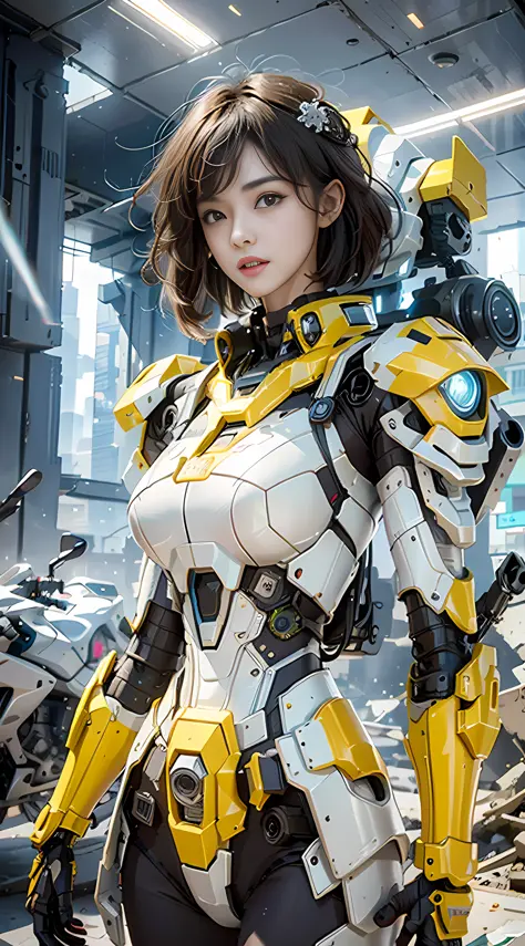 ((Best quality)), ((masterpiece)), (highly detailed:1.3), 3D,Shitu-mecha, beautiful cyberpunk women with her mecha in the ruins ...