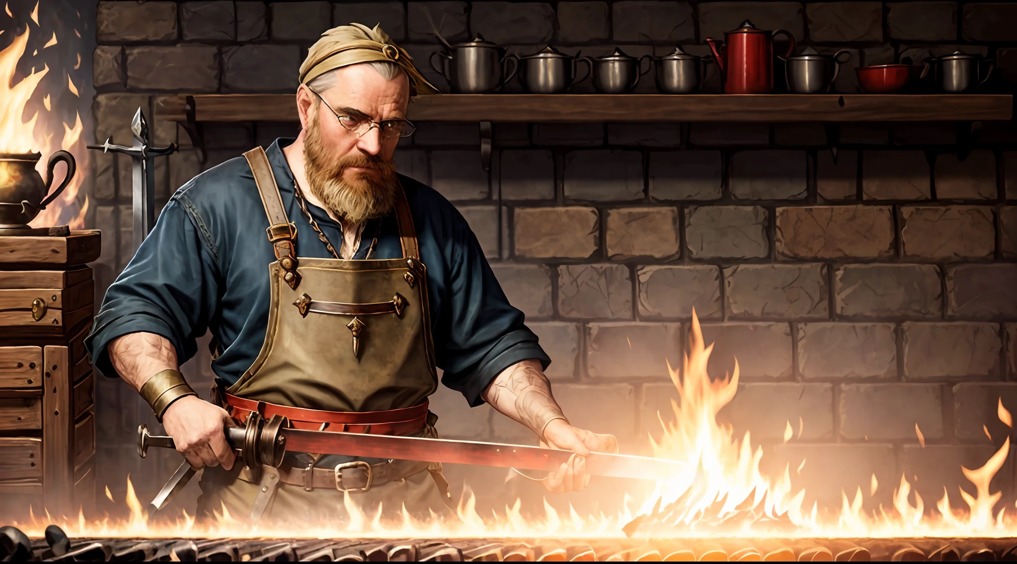 RPG: close up view of a 19th century blacksmith forge where a hand is (((holding the hilt of a sword while heating the blade in the fire, emphasis on red hot sword))), blacksmith, the god of the forge, the blacksmith, hearthstone card art, female dwarven blacksmith, blacksmith's outfit, hearthstone card artwork, ancient blacksmith god, hearthstone concept art, forge, hearthstone art, hearthstone style art, smelters, painted portrait of rugged odin