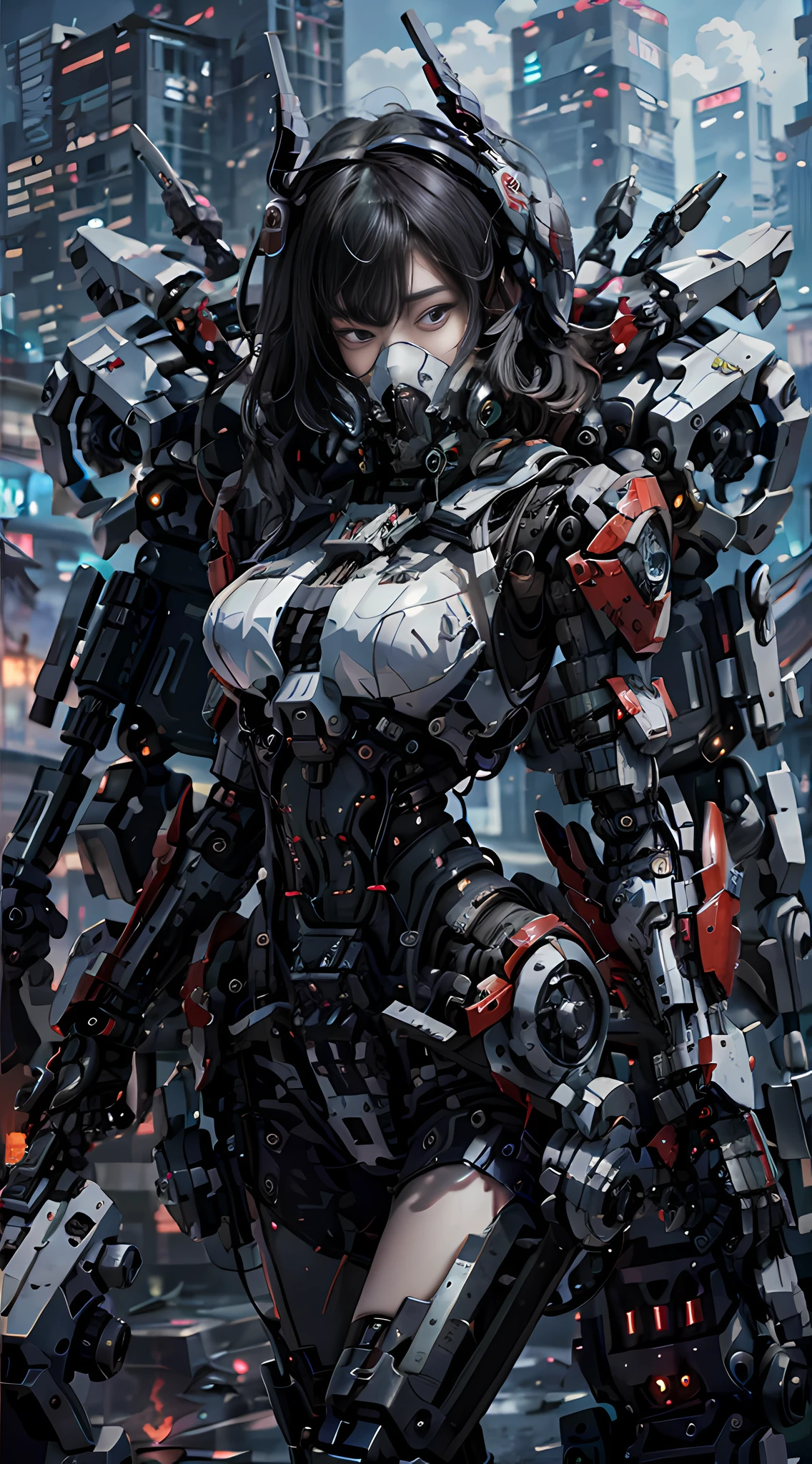 This is a CG Unity 8k wallpaper with ultra-detailed, high-resolution and top quality in cyberpunk style, dominated by black and red. In the picture, a beautiful girl with white messy short hair, a delicate face, wearing a steam mecha mask, standing on the ruins, behind her is a huge robot, and the action of a woman holding a heavy sniper rifle in her hand,