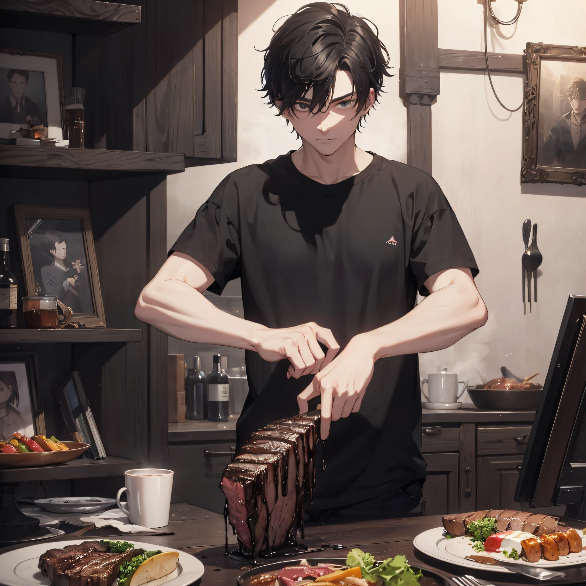 Un gars d'anime coupe un steak avec un couteau dans la cuisine avec des  assiettes de nourriture - SeaArt AI