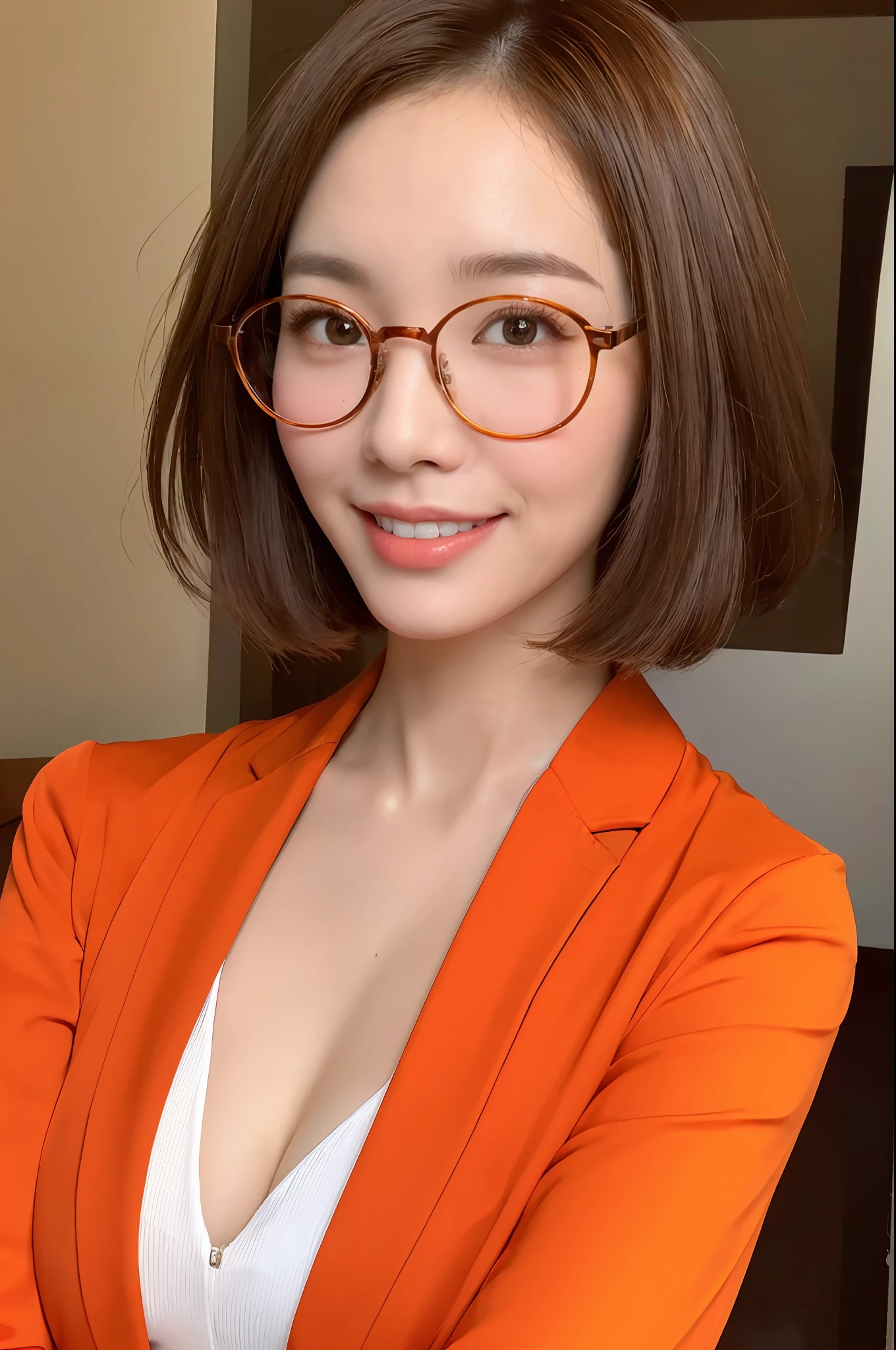 (Best quality, 8k, 32k, Masterpiece, UHD:1.2),Photo of Pretty Japanese woman, red round glasses,very short hair, frizzy brown hair,smile,UHD image,upper body,(orange suit:1.1),white T-shirt,looking at around