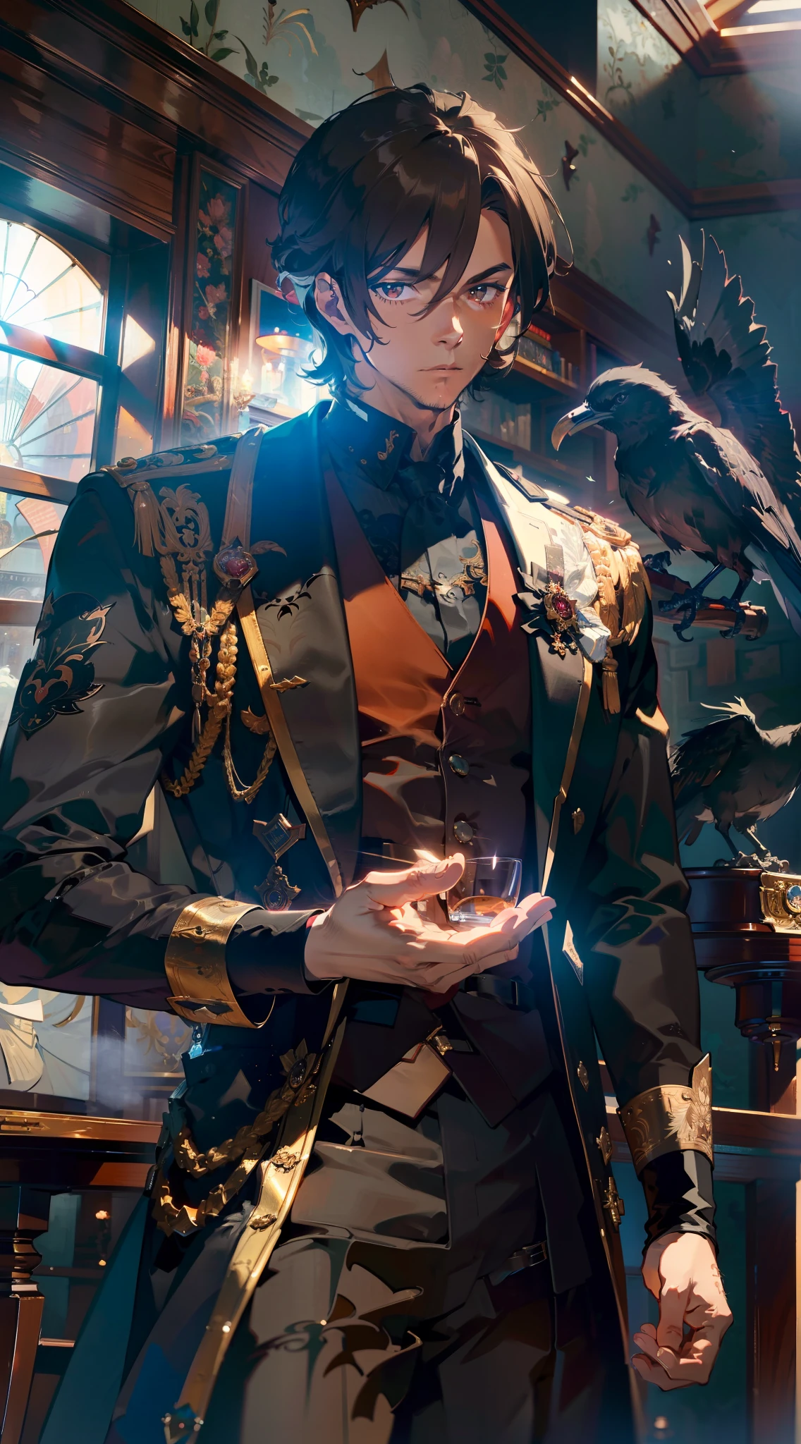 Young man, man, male, super detailed, very detailed, best quality, masterpiece, illustration, an extremely exquisite beautiful, very detailed, CG, solidarity, 8K wallpaper, amazing, fine details, masterpiece, best quality, official art, extremely detailed CGUnity8K wallpaper, boy, crow, gentleman