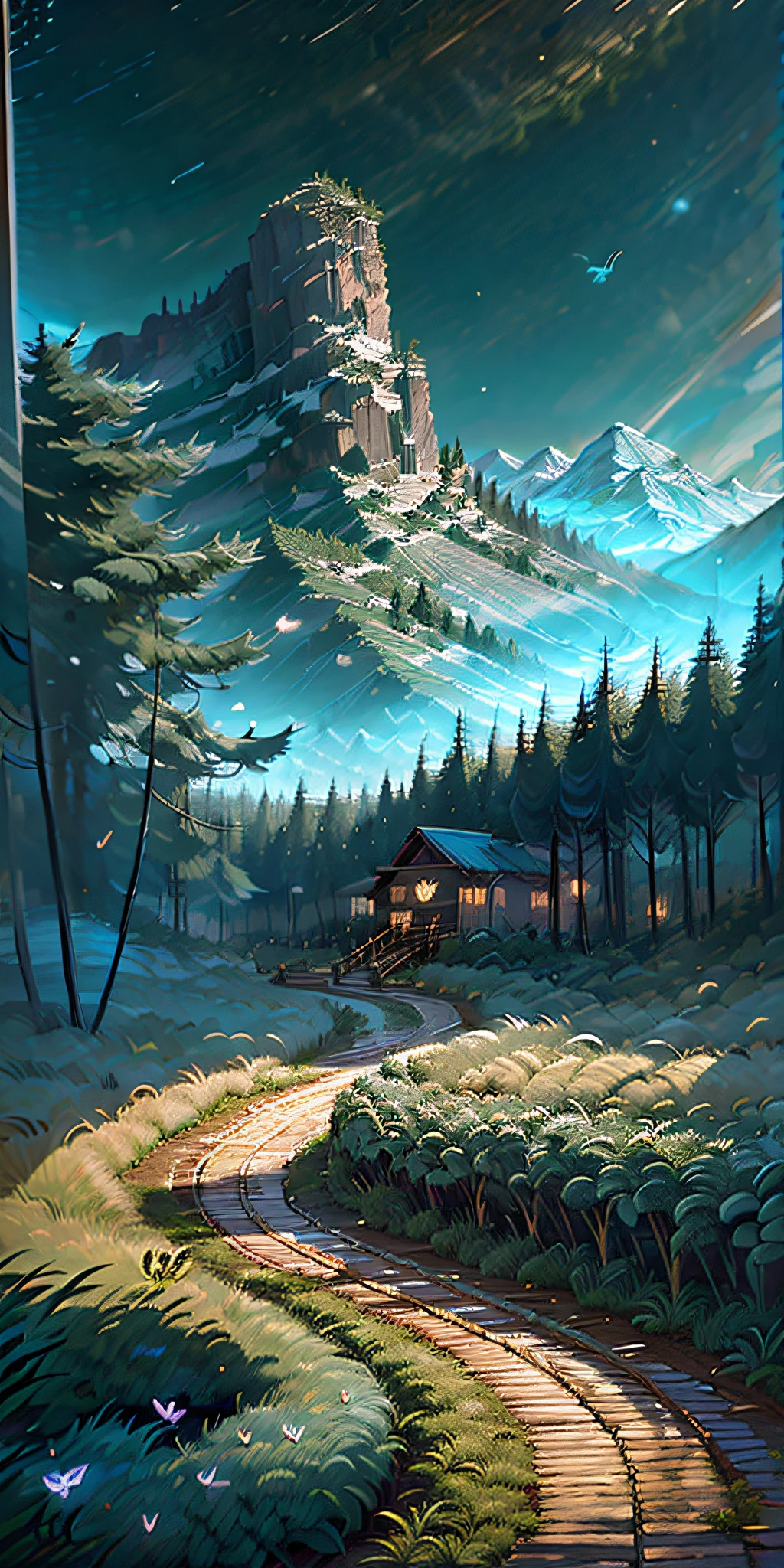Forest, path, wooden house, mountains in the distance, green bushes, flying butterflies, natural ecology, poster, comic poster, hyper-realistic comics, hyper-detailed, light and shadow do not obscure logo, vertical canvas (1:2), 4K quality