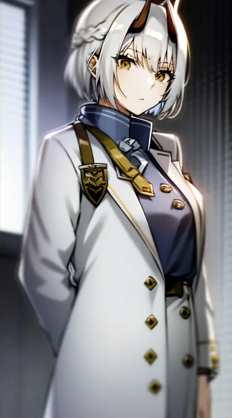 senna himuro, horn, one woman, gray hair, bob cut, braided, expressionless, sharp eyes, lab coat, school, moody, facing viewer,