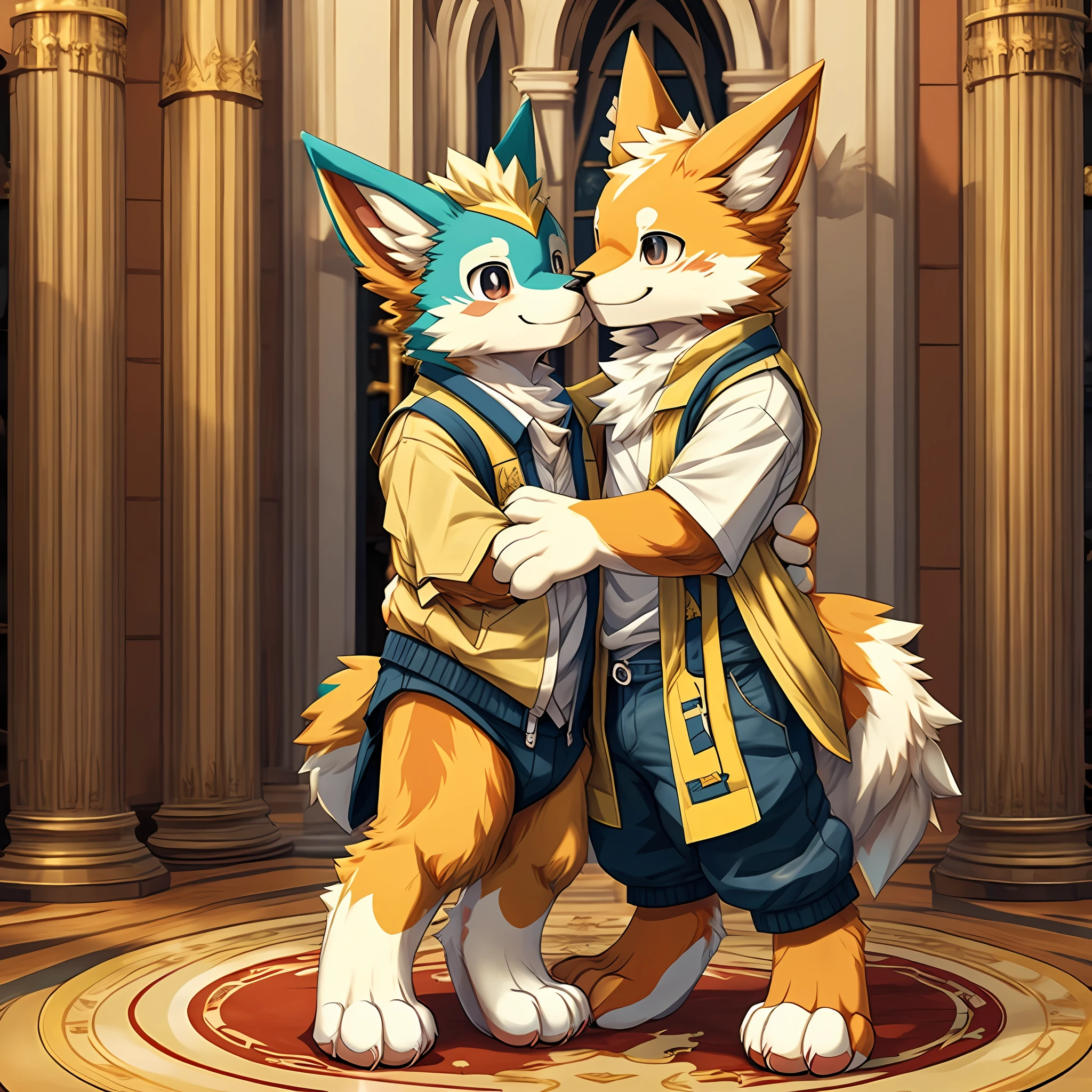 top quality, best quality, masterpiace, super high resolution, detailed background, church(highly detailed beautiful face and eyes)absurdres, perfect anatomy(handsome 2boy, kemono, suits)(furry)(furry anthro:1.7)(Furry body, dog facial features, dog body features)(very detailed body fur)full body, chibi, standing, hugs, bird kiss, smack, smile, happy, enjoy, portrait,