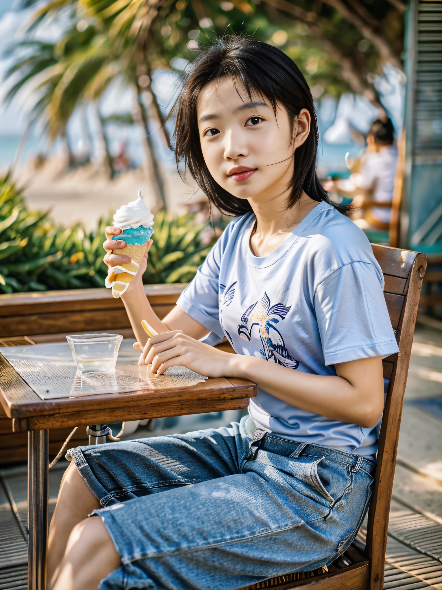 Há uma mulher sentada em uma mesa comendo uma casquinha de sorvete - SeaArt  AI