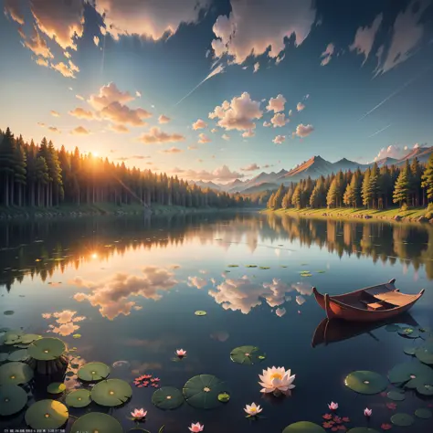 solar term poster, summer, lake, dawn, forest, detailed forest, clouds, masterpiece, movie, soft light, depth of field, ray tracing, reflections in water, realism, ural detail, lotus, koi, --auto --s2