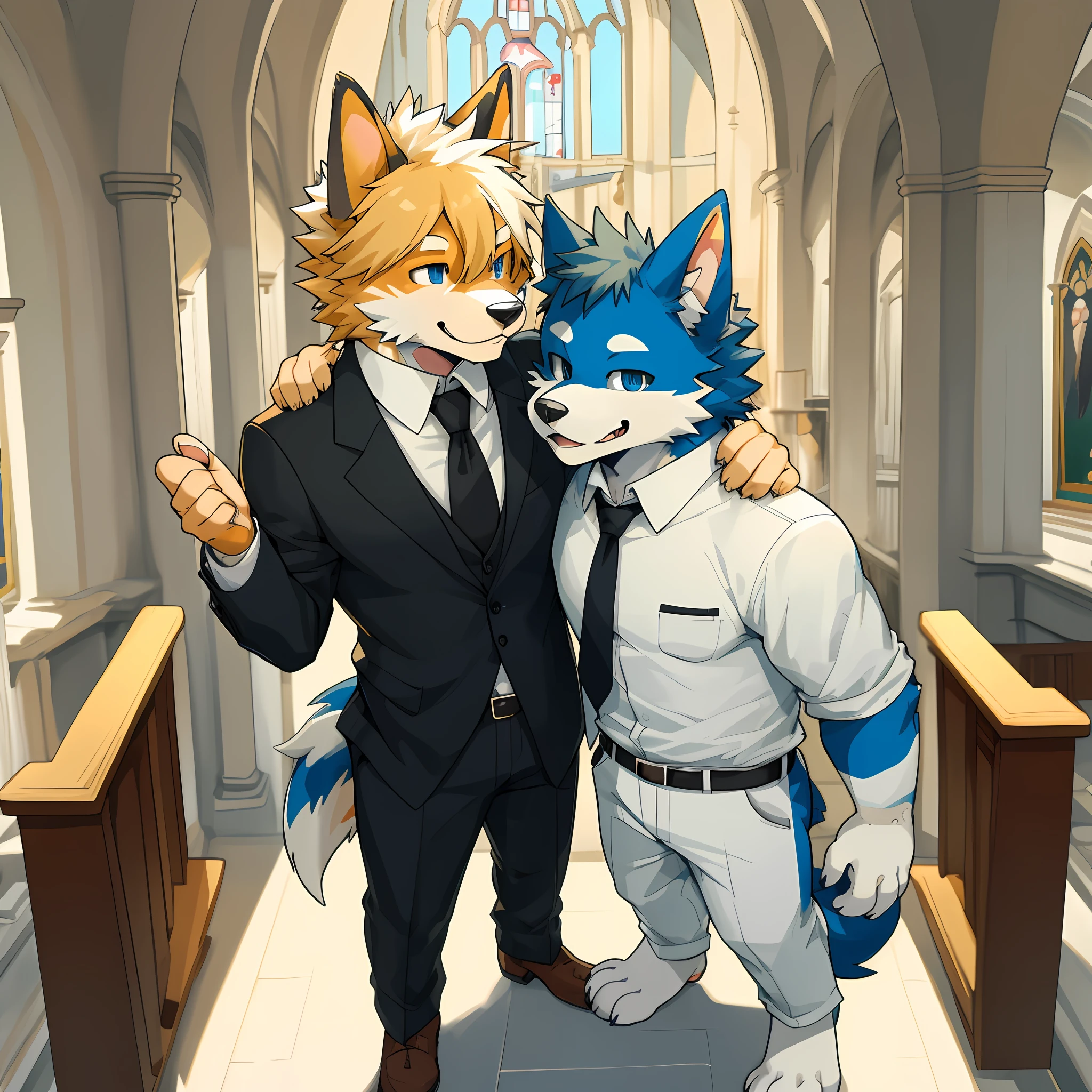 top quality, best quality, masterpiace, super high resolution, detailed background, church(highly detailed beautiful face and eyes)absurdres, perfect anatomy(handsome 2boy, kemono, suits)(furry)(furry anthro:1.7)(Furry body, dog facial features, dog body features)(very detailed body fur)full body, chibi, standing, hugs, bird kiss, smack, smile, happy, enjoy, portrait,