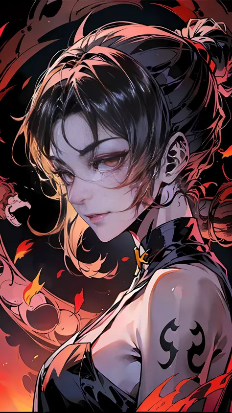 A beautiful girl with delicate facial features, white double ponytail, demon horns on her head, tattoos on her face, golden glowing eyes, black background, black mist, from the side, grinning, ukiyo-e