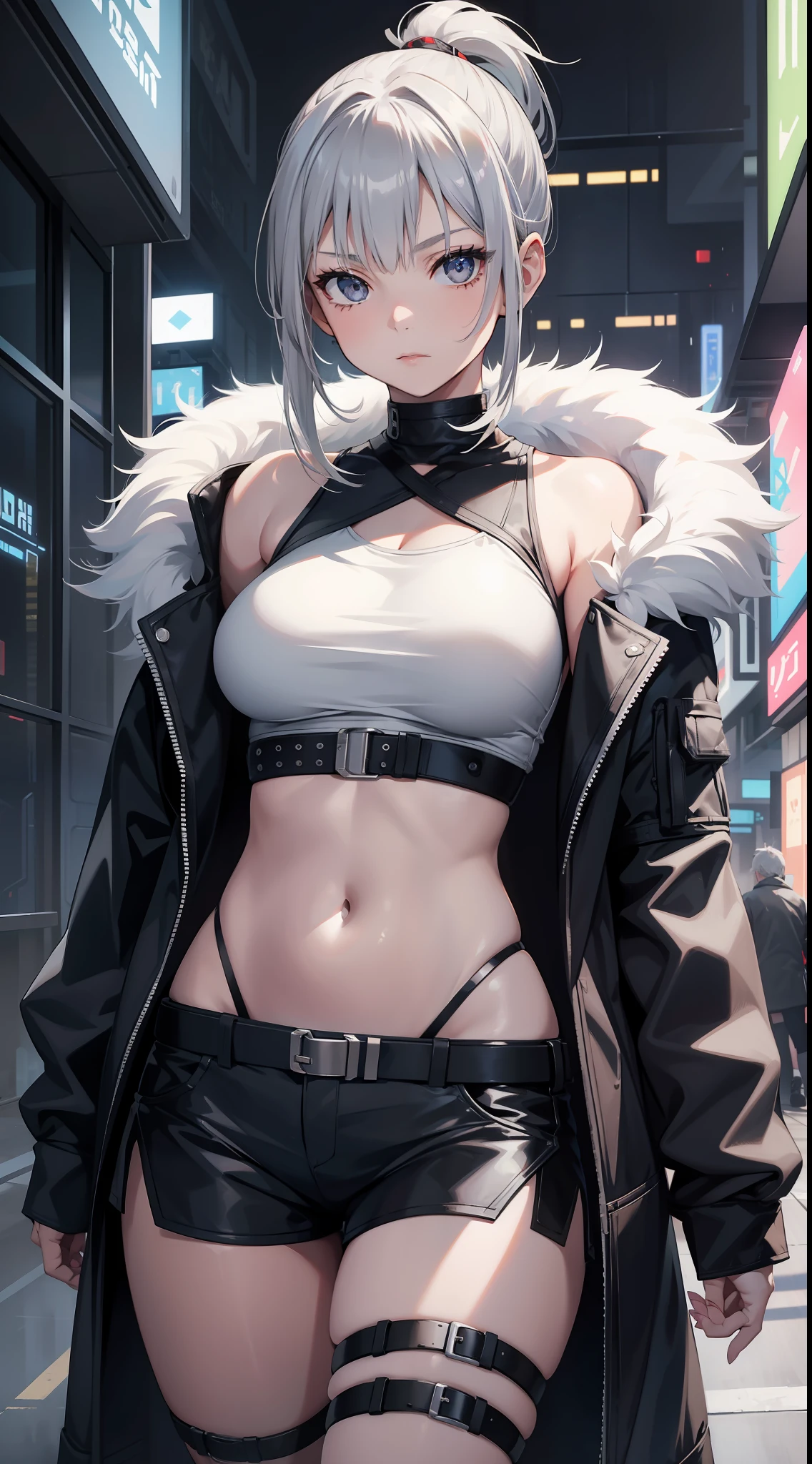 Young girl, short gray hair, gray eyes, high ponytail, cyberpunk, white top, open belly, shorts, furcoat, masterpiece, high quality, SilverWolf
