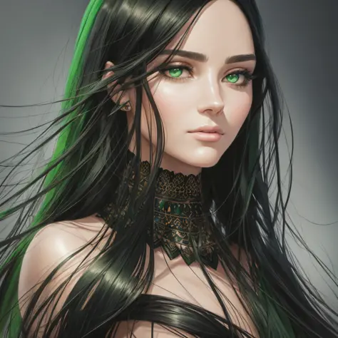 painting of a woman with long black hair and green eyes, realistic beautiful face, photorealistic beautiful face, beautiful realistic face, realistic digital painting, detailed beauty portrait, hyperrealistic beautiful face, realistic detailed face portrai...