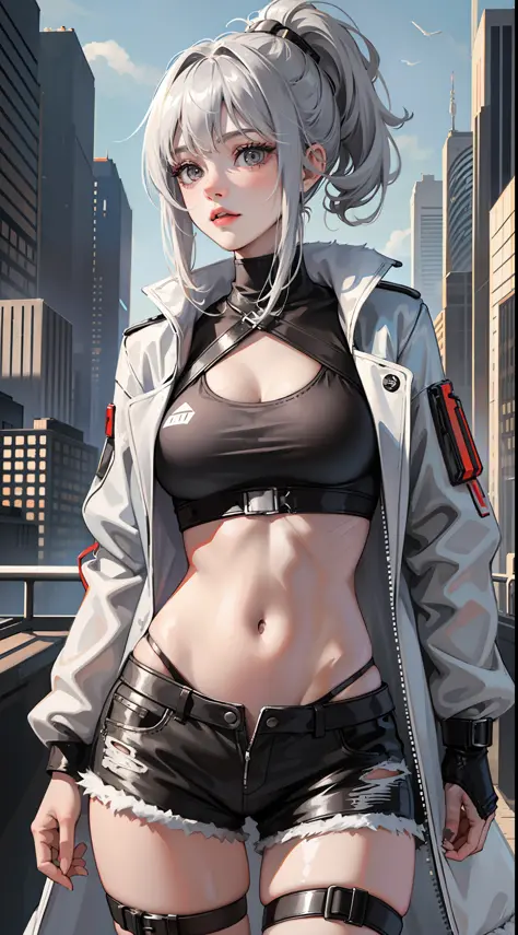 Young girl, short gray hair, gray eyes, high ponytail, cyberpunk, white top, open belly, shorts, furcoat, masterpiece, high qual...