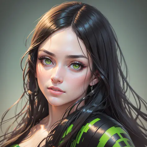 painting of a realistic woman with long black hair and green eyes, realistic beautiful face, photorealistic beautiful face, realistic beautiful face, realistic digital painting, detailed beauty portrait, hyperrealistic beautiful face, realistic detailed fa...