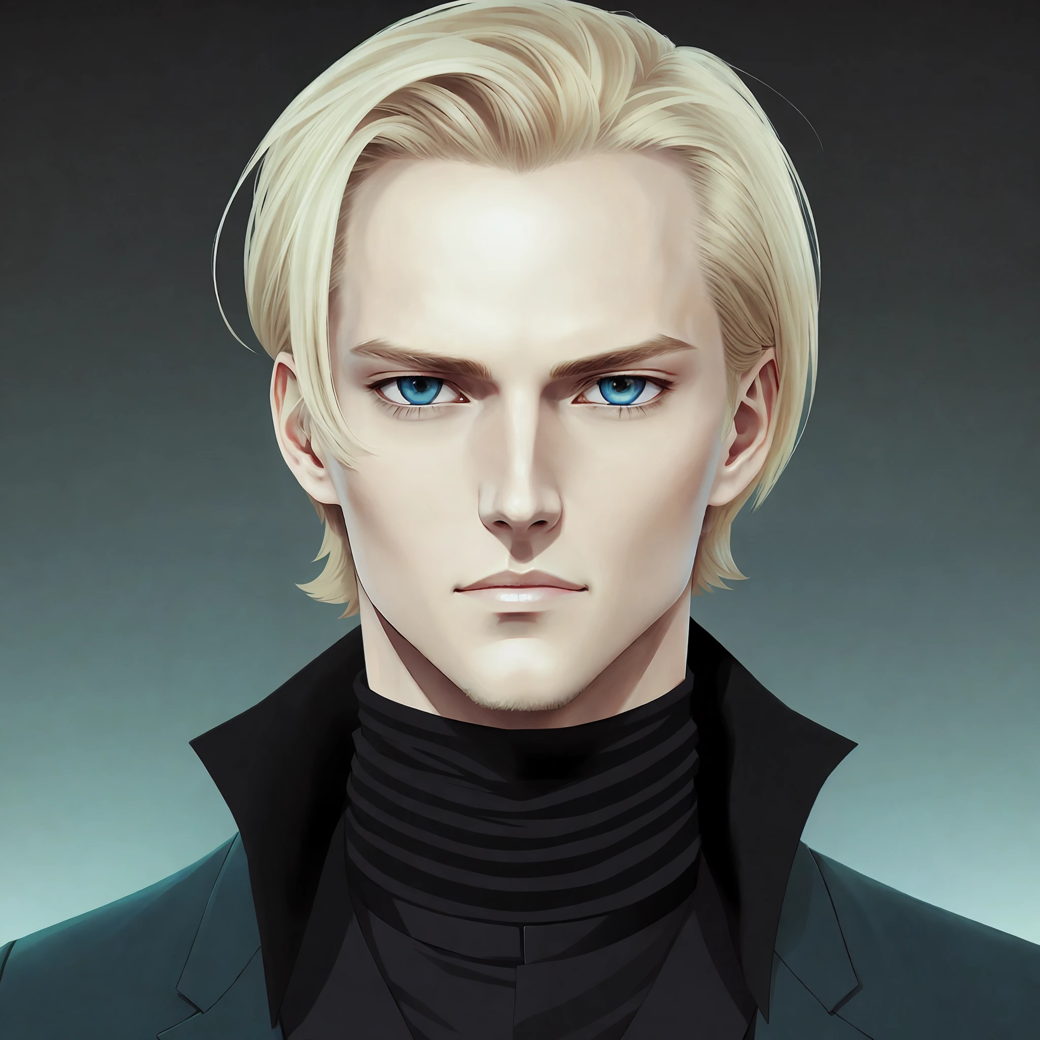 Erstellen Sie ein Avatarbild eines äußerst attraktiven Mannes mit blonden Haaren und einem schwarzen Rollkragen, johan liebert portrait, Johan Liebert gemischt mit Alucard, Johann Liebert gemischt mit Dante, Geheimnisvoller Charakter, der hübsche Typ mit den ozeanblauen Augen, Pin-on-Anime, Alphamännchen-Charakter, ästhetisch preisgekrönter gutaussehender Mann, Ich zarter androgyner Prinz