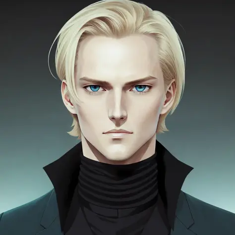 create an avatar   image of a highly attractive  man with blonde hair and a black turtle neck, johan liebert portrait, johan lie...