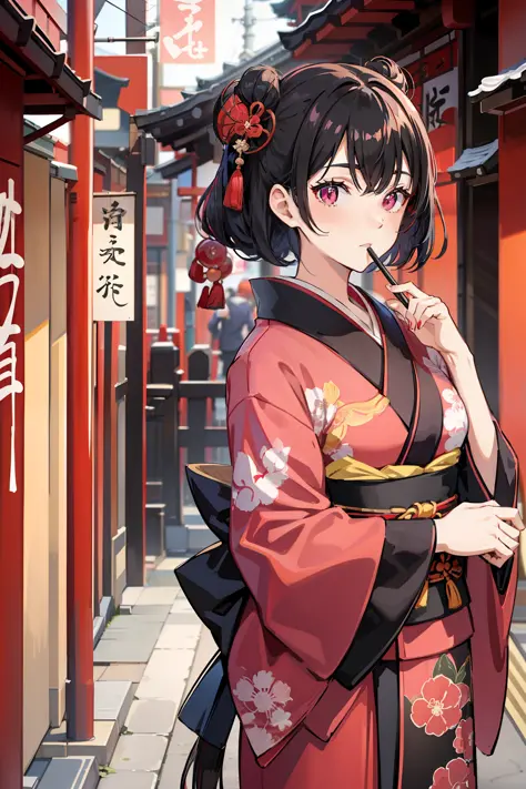 Black hair, pink eyes, red kimono, Japanese style, in Osaka, girl