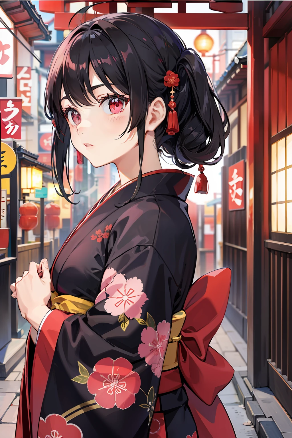 Black hair, pink eyes, red kimono, Japanese style, in Osaka, girl