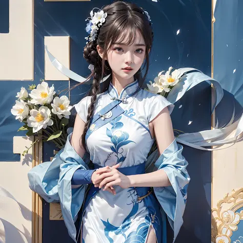 Close-up of a person holding a microphone in front of a blue background, white Hanfu, wearing a blue cheongsam, full body fairy,...