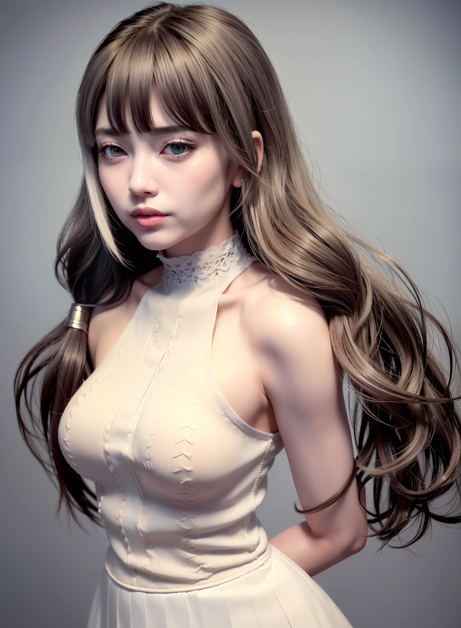 pixiv artwork, ((2/3 full body portrait)), realistic style, (ultra-real), top CG, (Tyndall effect), (cinematic light and shadow effects), top detail, 16k resolution, beautiful and detailed graphics, realistic reality, (absolutely beautiful girl), (royal sister face), (melon face)), ((perfect CG face)), beautiful and moving, ((silver hair)), long hair and waist, ((loose hair)), flowing hair, ((Korean air bangs)), (Black bow hairpin), ((delicate and moist smooth skin)), ((fair and moist skin)), beautiful and delicate makeup, ((dark eye shadow)), (delicate eyelashes), ultimate face, delicate face, (rounded face contour), delicate and cute facial features, enhanced three-dimensional facial features, deep and bright eyes, ((perfect clear eyes)) (intricate details), ((gentle eyes)), delicate and perfect eye makeup, (moist smooth lips), pink lip color, (cherry lips), (((face enhancement))), facial features (intricate details), clear details (complex details), (perfect CG face), light makeup, (makeup), pink blush, happy expression, (sweet smile), (tilted head sideways), (bright and atmospheric), (dignified), ((milky liquid water light yarn))), ((white translucent gauze skirt)), ((fashion design)), real clothing texture, (absolute field), dynamic angle, dynamic pose, highest precision, ((Ultra Detailed Textures)), ((Ray Tracing)), ((Ultra Realistic Light and Shadow Effects))), ((Advanced Rendering)), ((In Hot Springs))), (In Water), Tinbal Effect, (Unreal Engine), Strong Edge Light, Character Edge Light, Depth of Field.