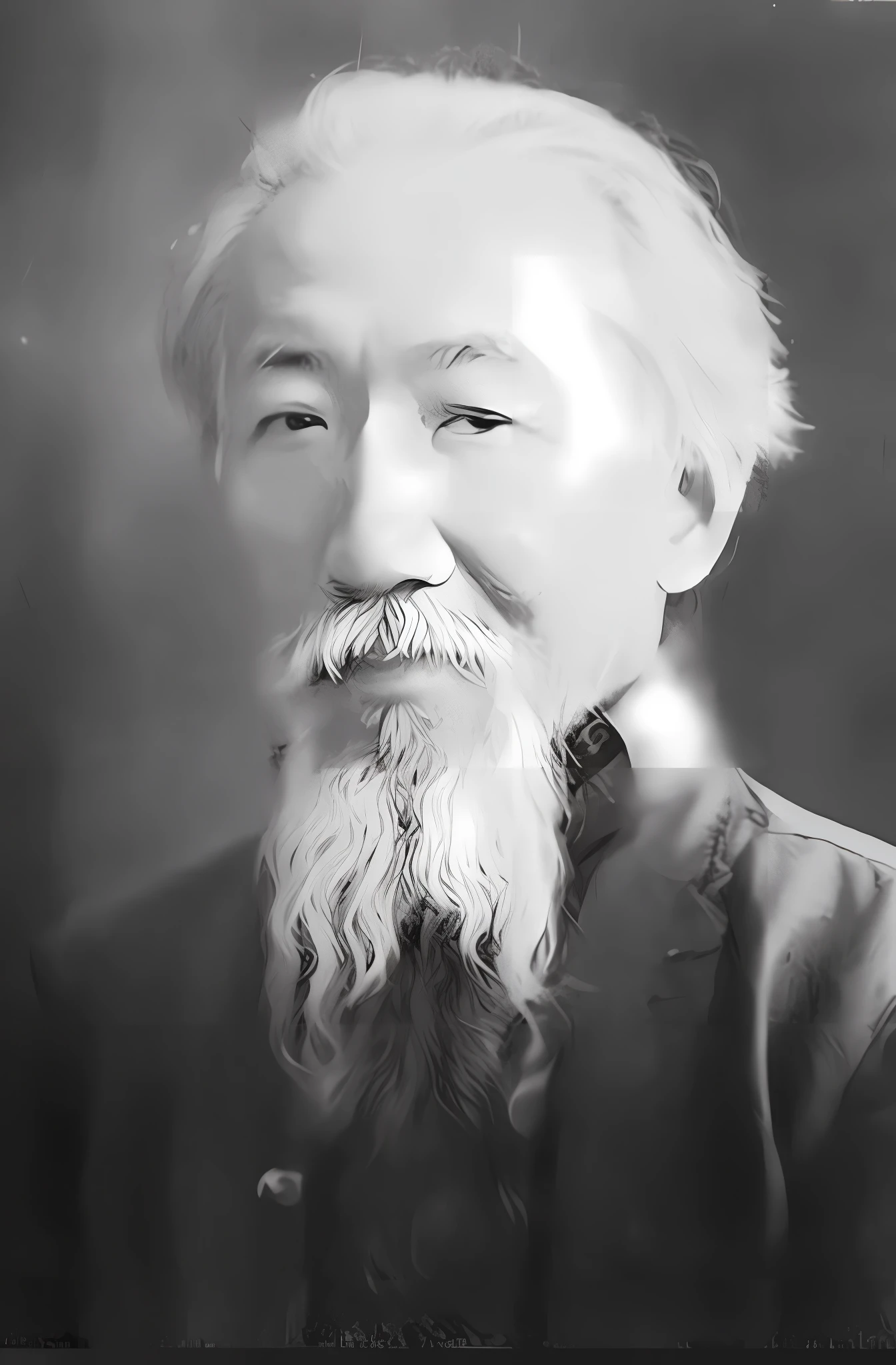 Black and white photo of Arafeld man in suit and tie, long white beard, Howard Parker, Lin Xiang, Song Nanli, Tyrus Huang, Kitazetun, Vaughan Ling, Huang Huifeng, Yasuda Akira, Hiramoto Akira, Du Juan, Liang Xing, Yu Chong cover photo portrait