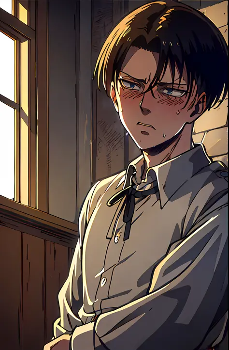 (masterpiece,best quality, detailed), boy, indoors, night, upper body, sweat, ahegao, rolling eyes, blush, wet shirt,
Levi Ackerman , neck ribbon, collared shirt, lean muscles
